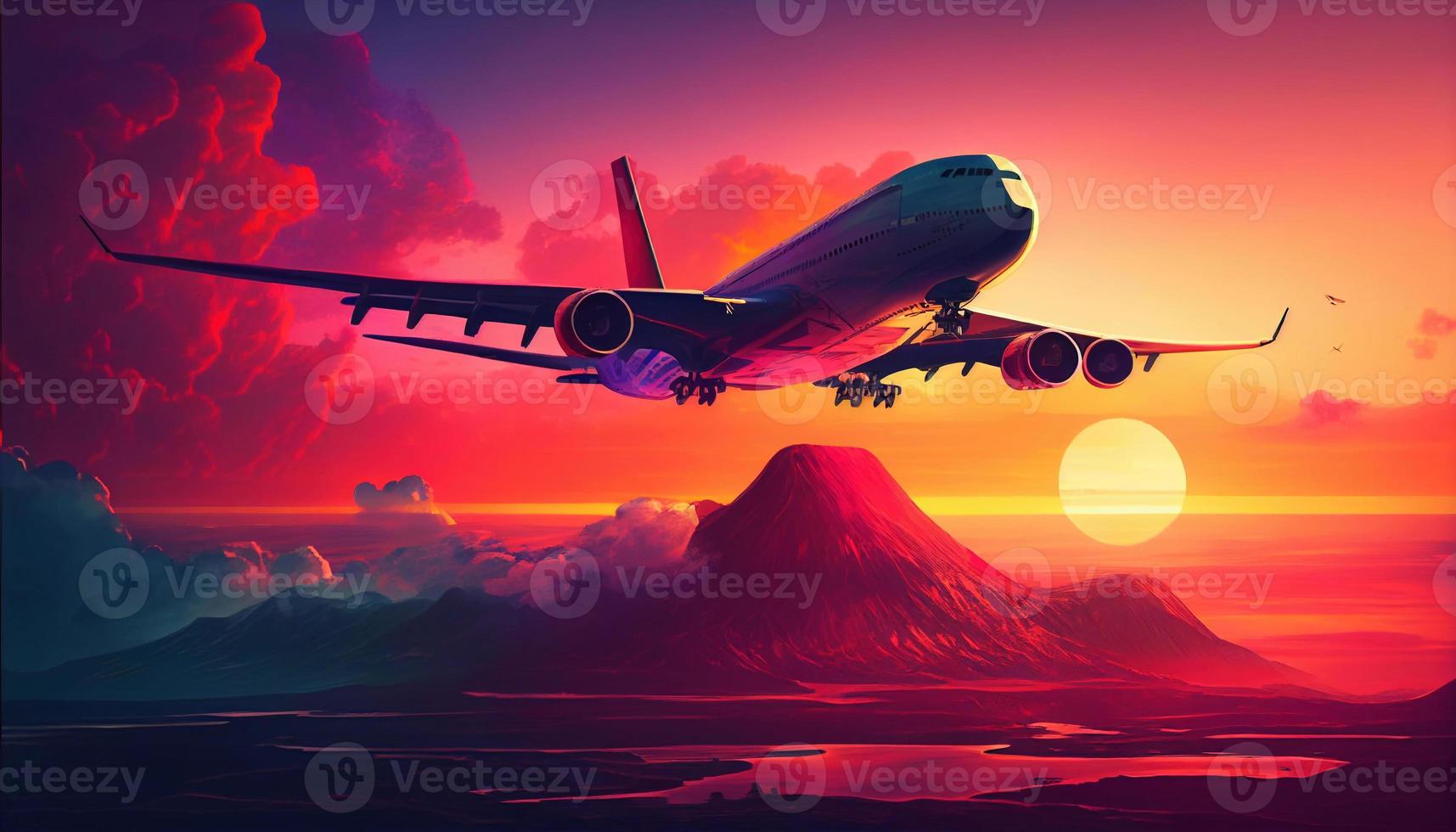 puesta de sol terminado el mar y el avión. ilustración de un moderno aeronave volador terminado el mar a puesta de sol antecedentes. bosquejo para creatividad. ai foto