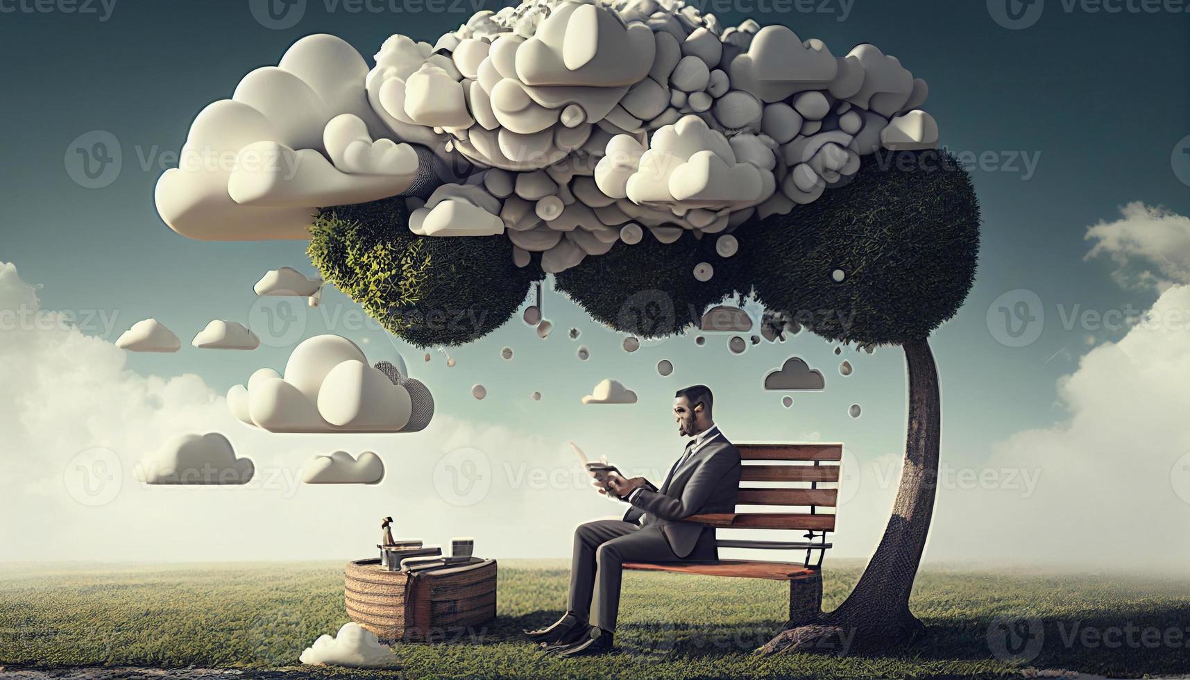 Thinking man sitting on a chair with a big empty bubble cloud.  artwork depicts thought, contemplate, idea, wisdom, and understanding AI photo