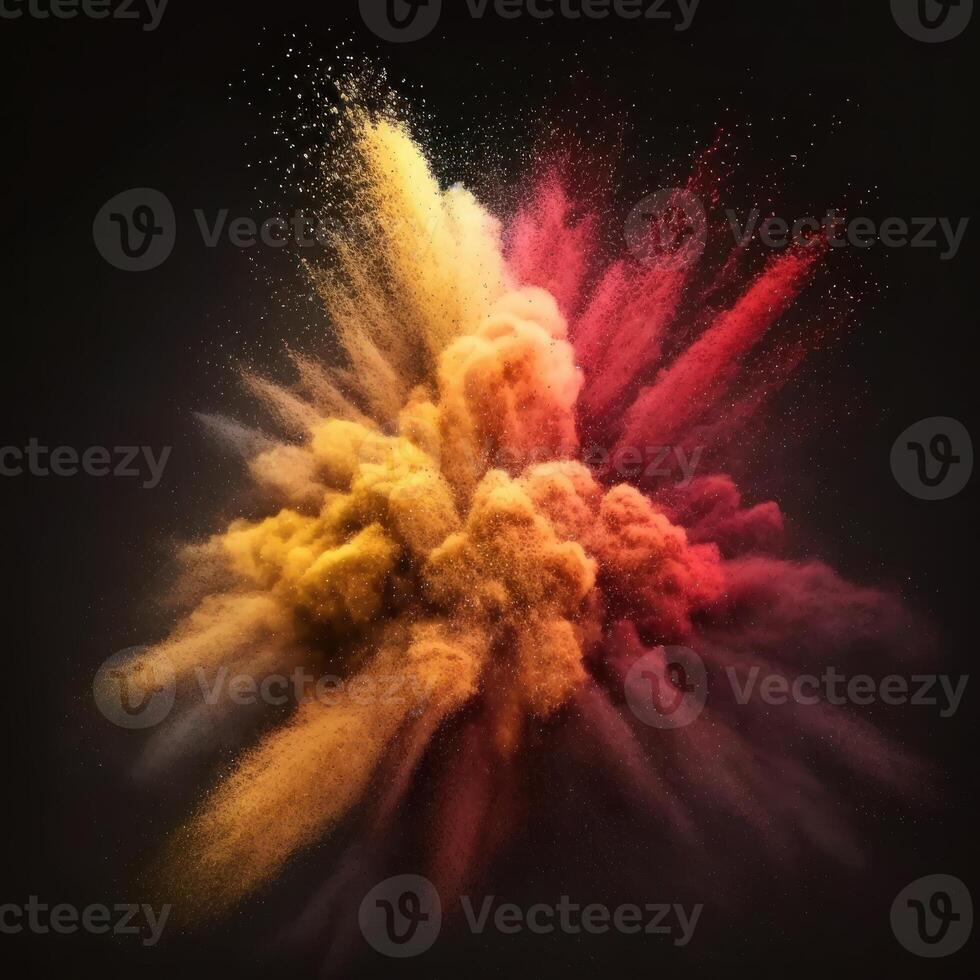 Red and yellow powder explosion on black photo