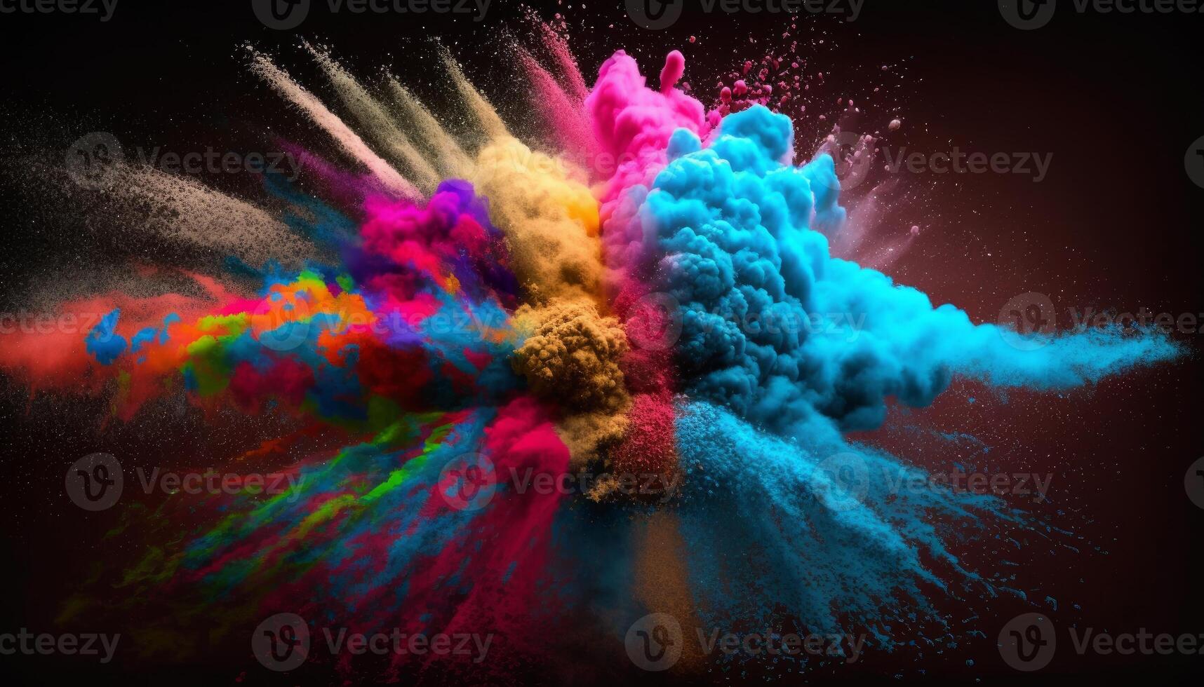 Happy Holi decoration, the indian festival. Top view of colorful holi powder  on dark background. Generative AI Stock Illustration