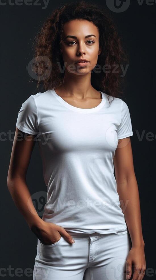 el niña modelo usa un blanco camiseta ese sirve como un modelo para un diseño o burlarse de arriba. ai generado ilustración. foto