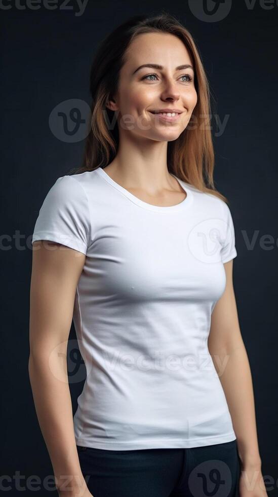 The girl model wears a white t-shirt that serves as a template for a design or mock up. illustration. photo