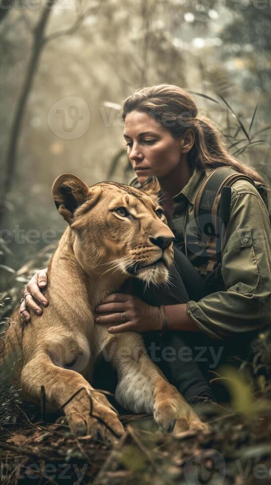 un mujer y un leona en un natural ambiente como mejor amigos. ai generado ilustración foto