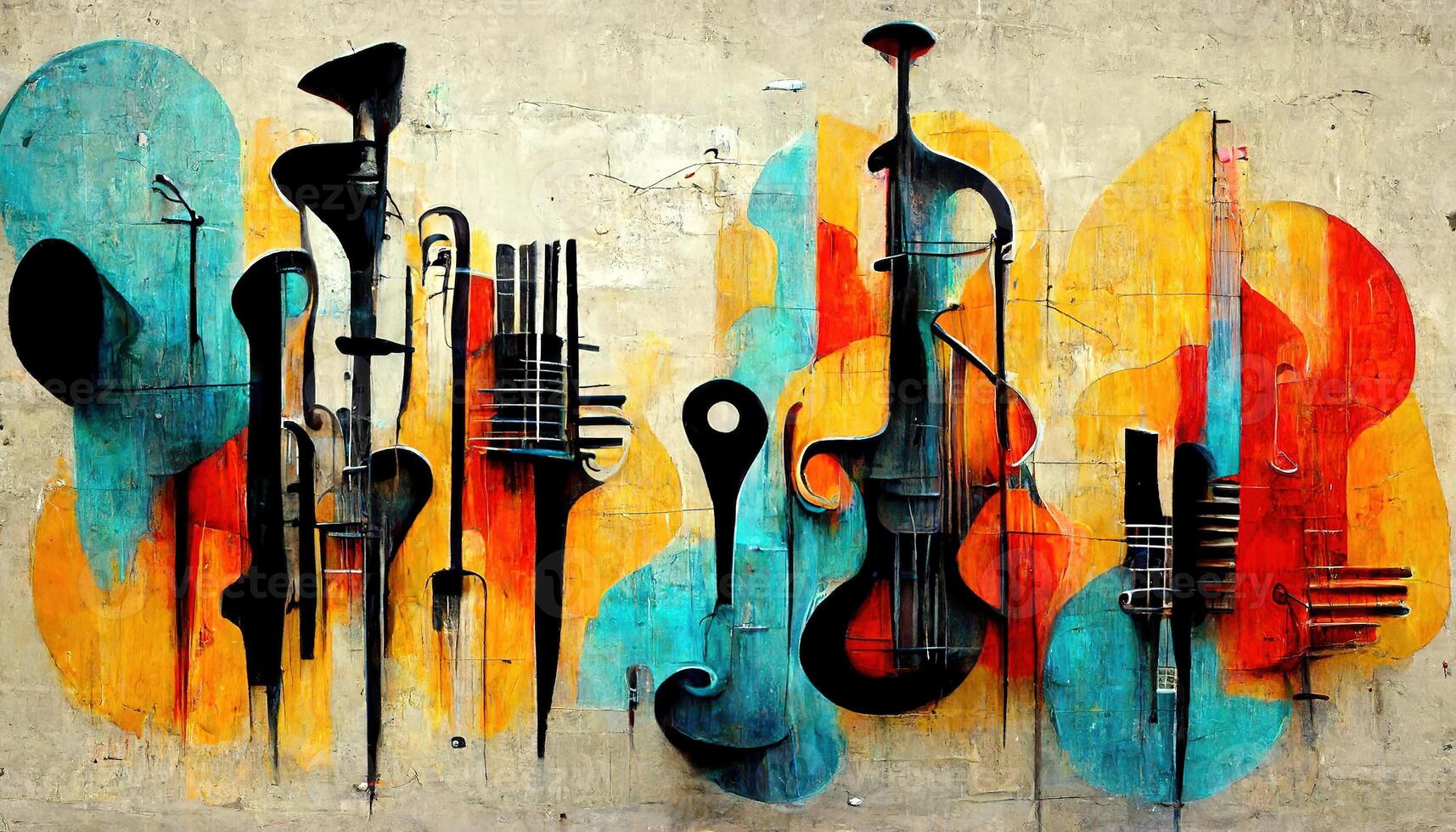 , Street art with keys and musical instruments silhouettes. Ink colorful graffiti art on a textured paper vintage background, inspired by Banksy photo