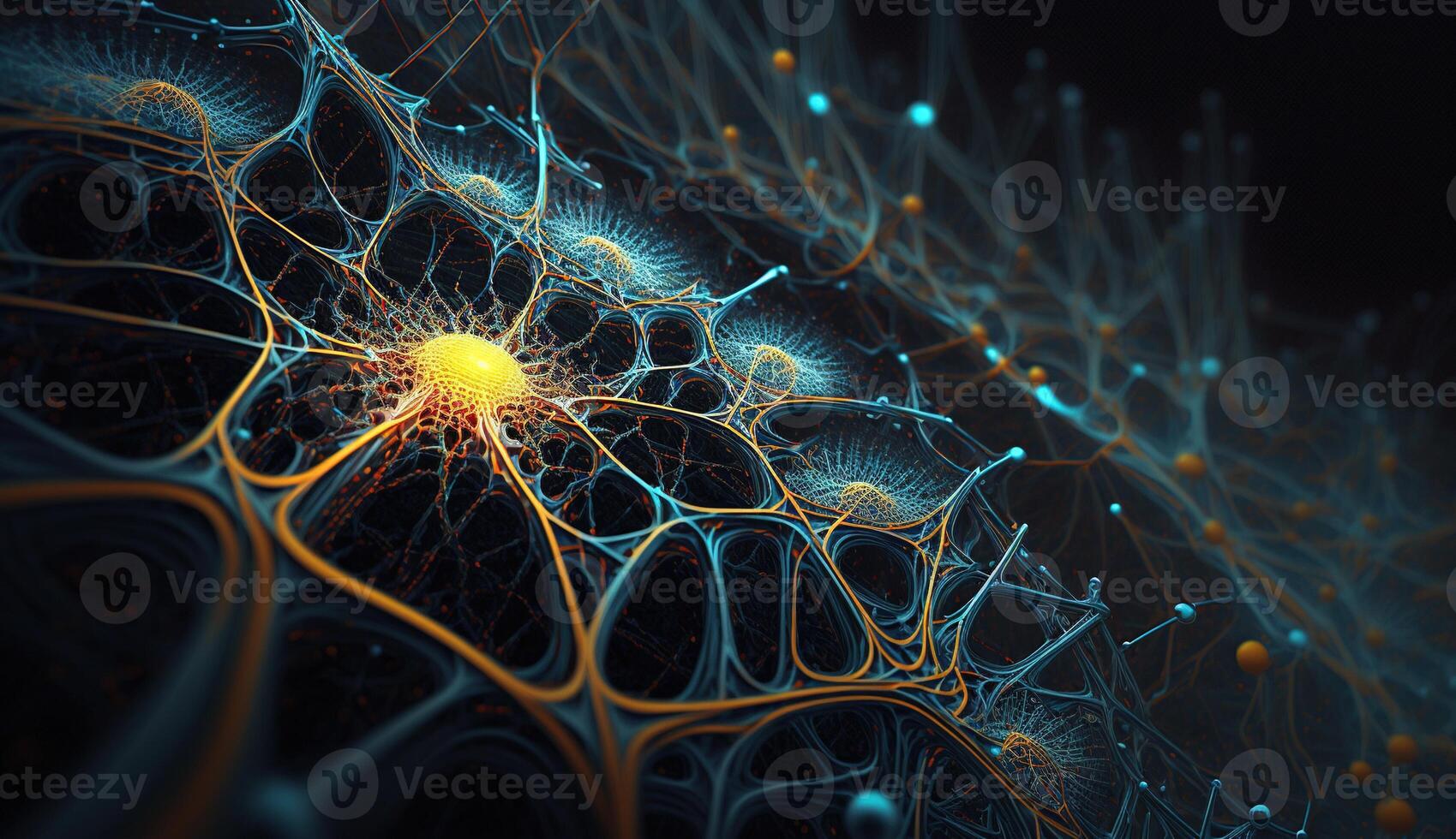 , Conceptual illustration of neuron cells with glowing link knots in abstract dark space, high resolution. Human nervous system, neural network photo