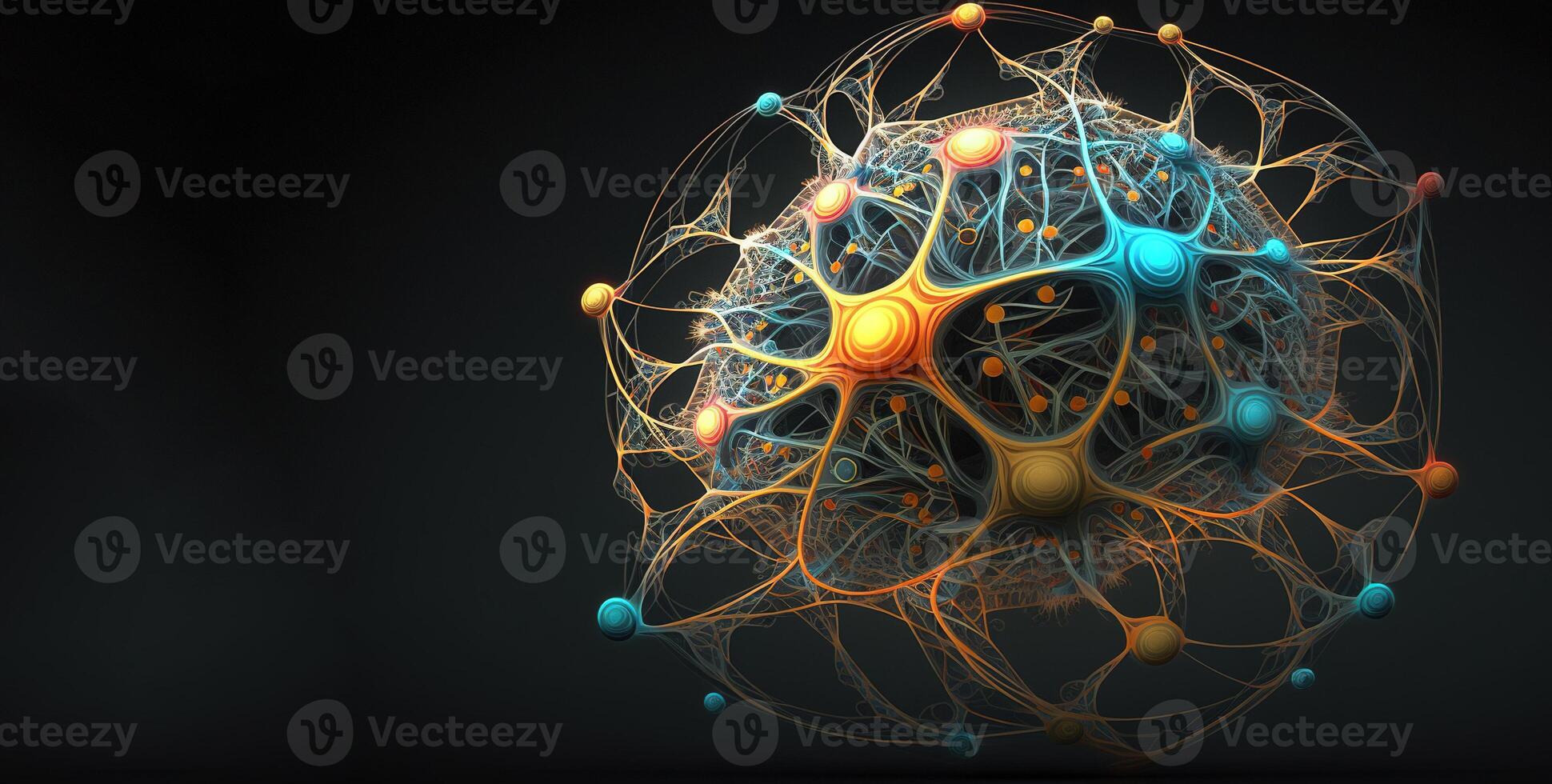 , Conceptual illustration of neuron cells with glowing link knots in abstract dark space, high resolution. Human nervous system, neural network photo