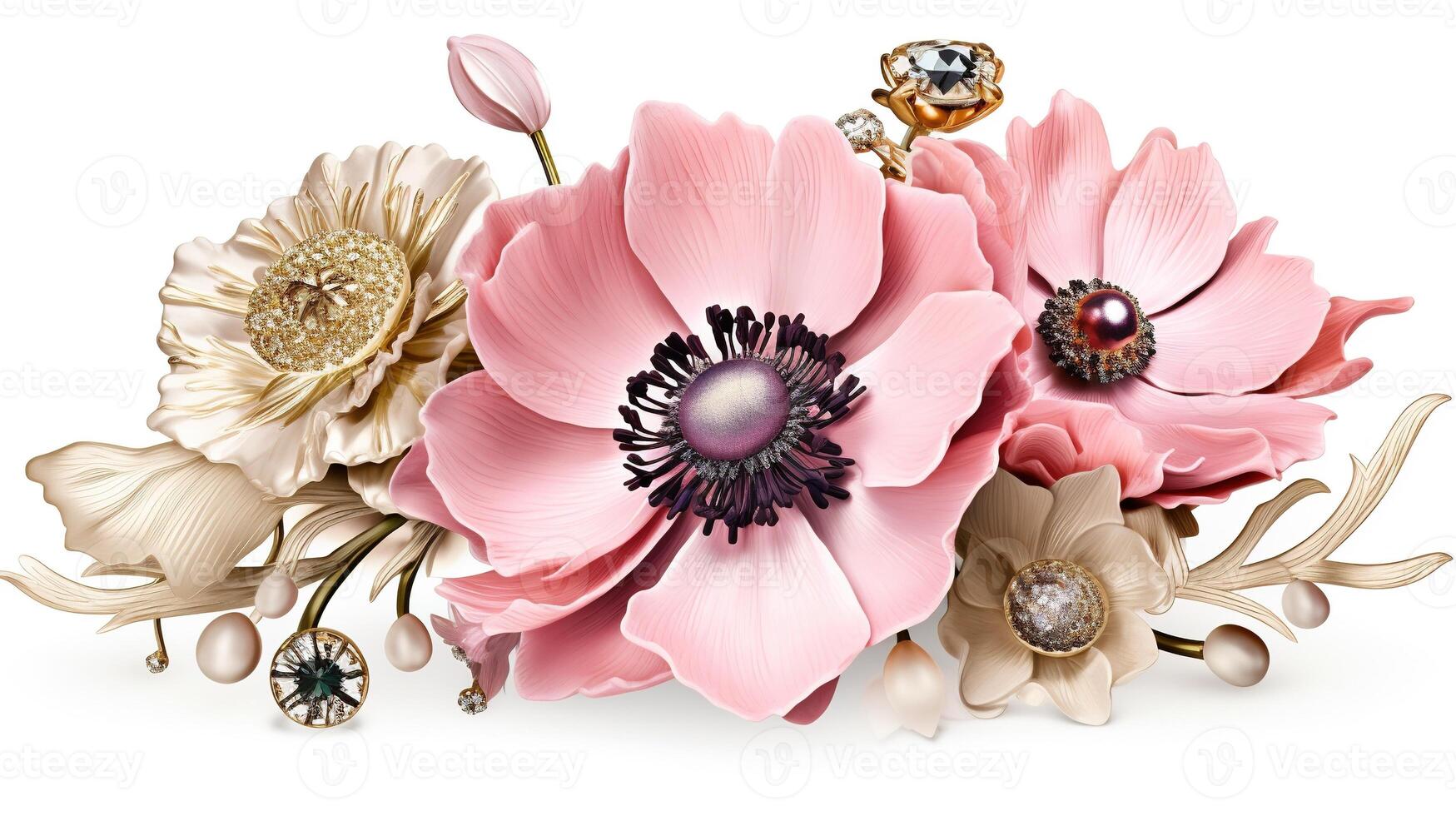 , beautiful light pink flowers brooch, opal stone and golden color palette isolated on white background. Bijouterie, jewelry close up photo