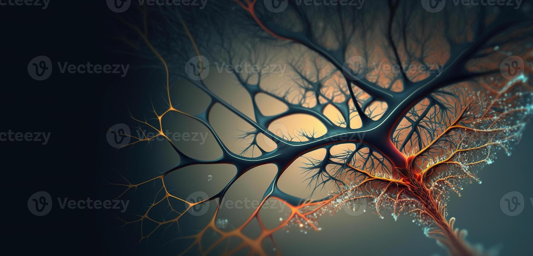 , Conceptual illustration of neuron cells with glowing link knots in abstract dark space, high resolution. Human nervous system, neural network photo