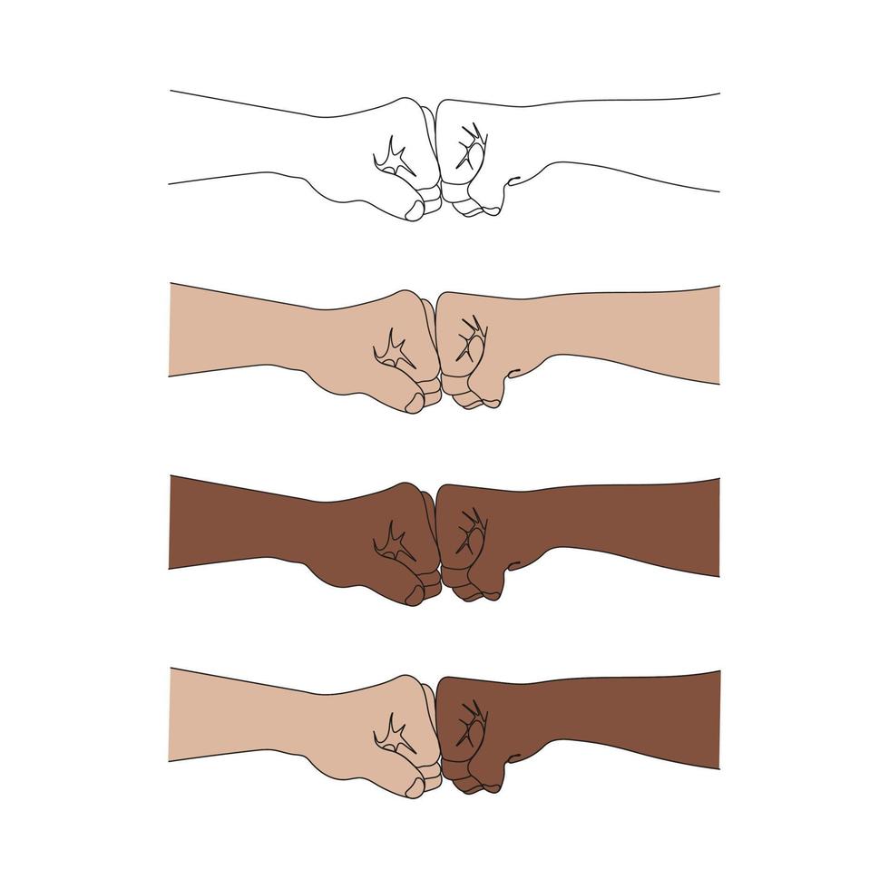 Two hands giving a fist bump. Pose and gesturing. Concept of teamwork, partnership, friendship. One line vector illustration.