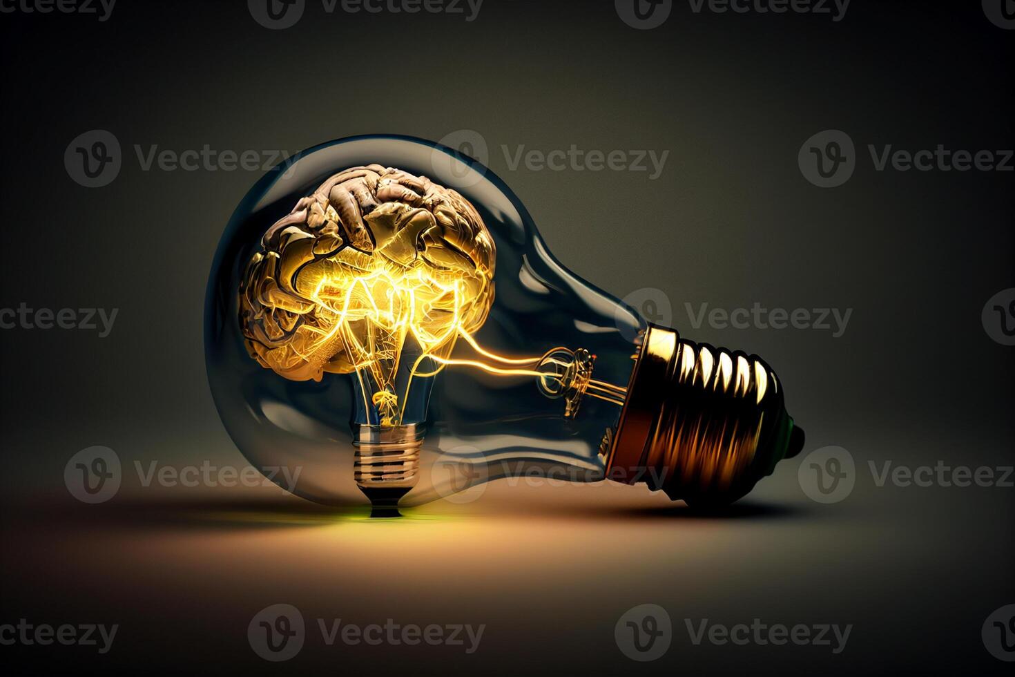 Human brain inside of light bulb on grey background. 3D rendering photo