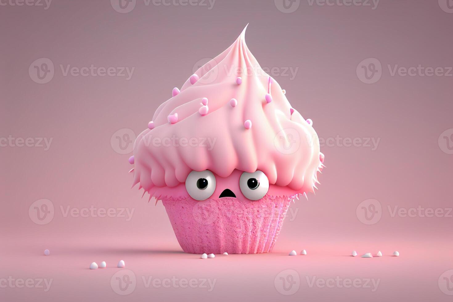 Funny cupcake with face, 3d render, pink background photo