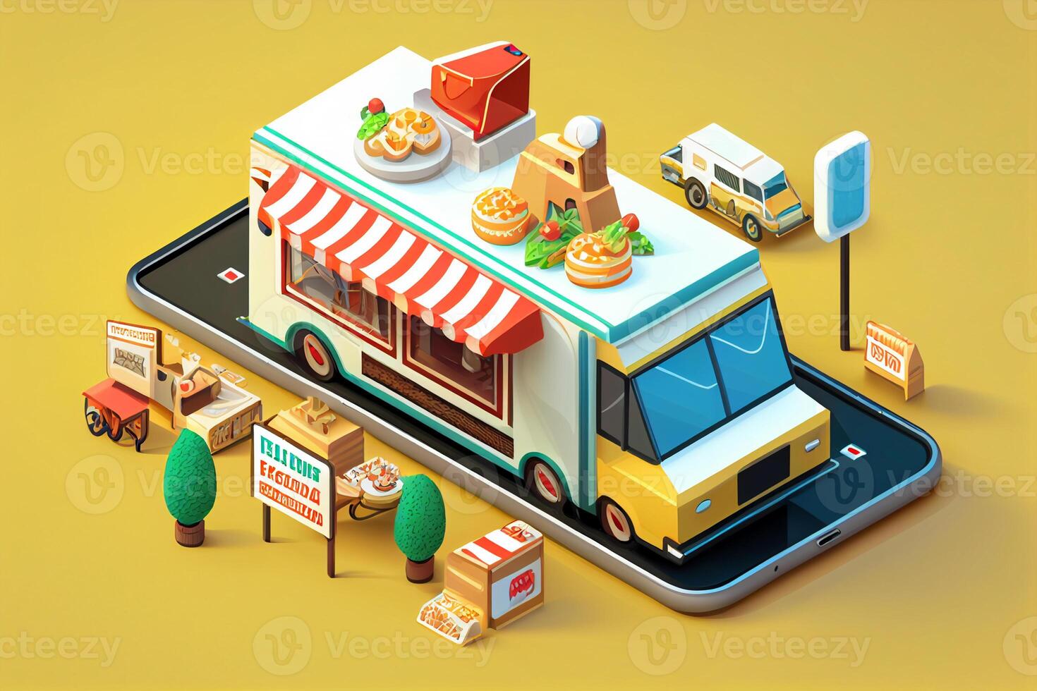 Isometric fast food truck on a yellow background. 3d illustration. photo