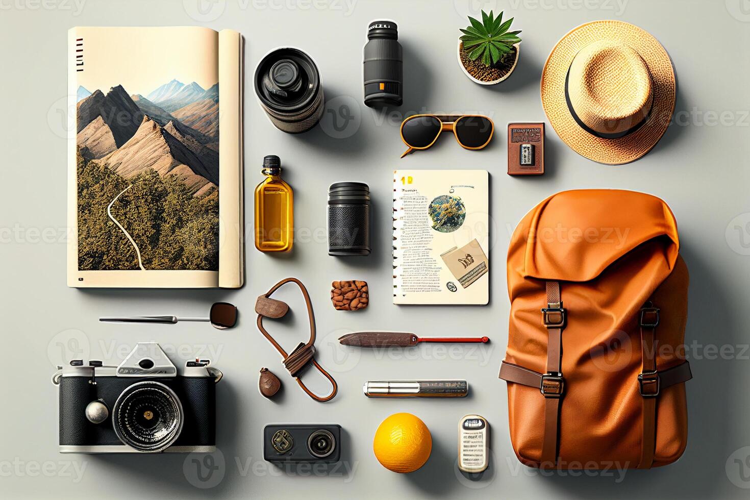 Flat lay composition with travel accessories on grey background. Top view photo