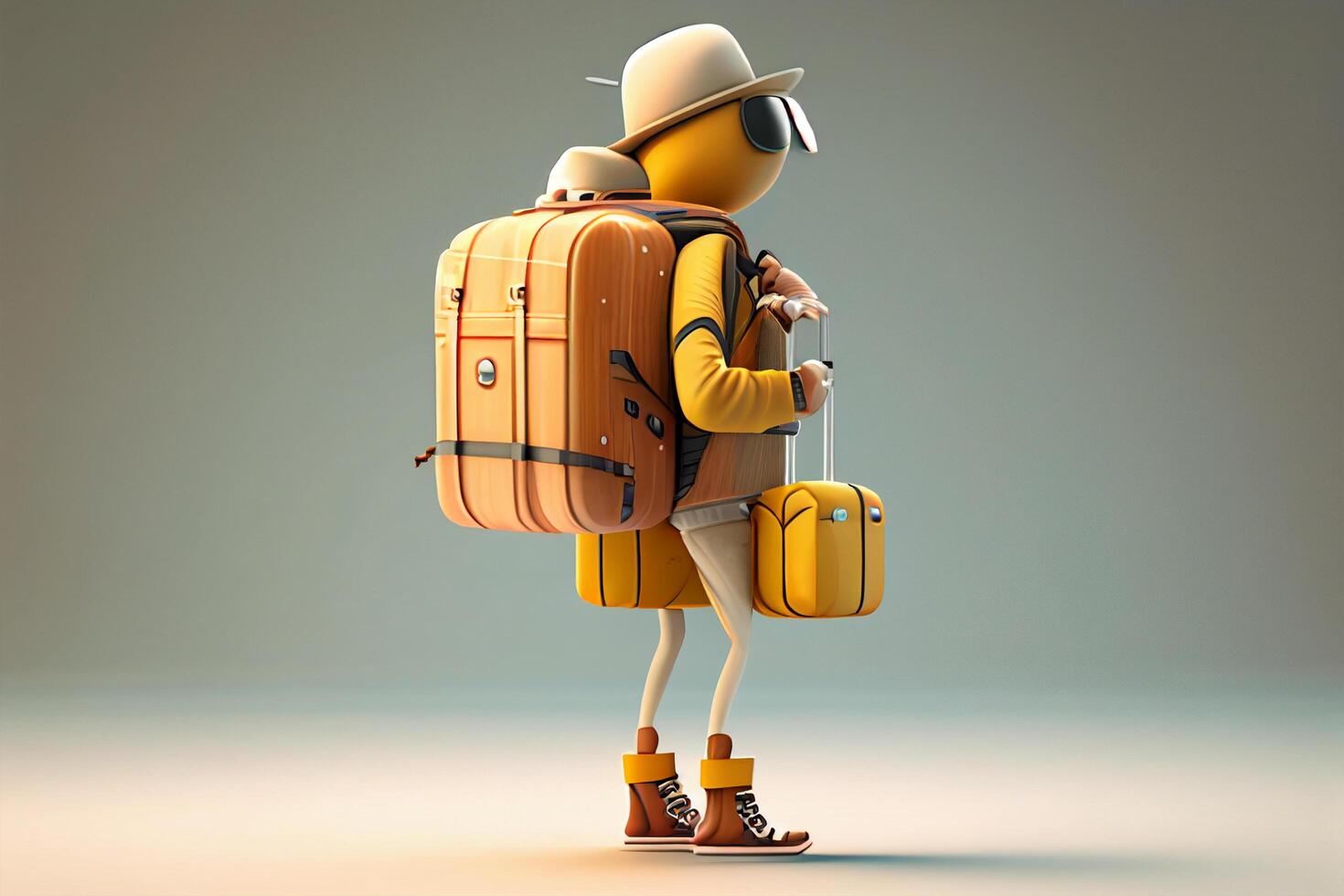 3D Render of Cartoon Traveler with Suitcase on a gray background photo