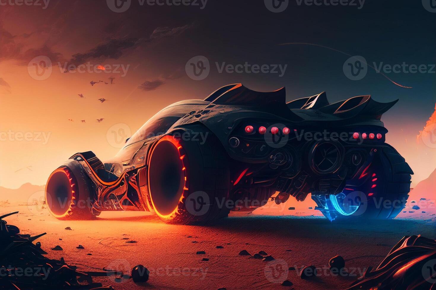 Futuristic car in the smoke. 3d rendering. Mixed media photo