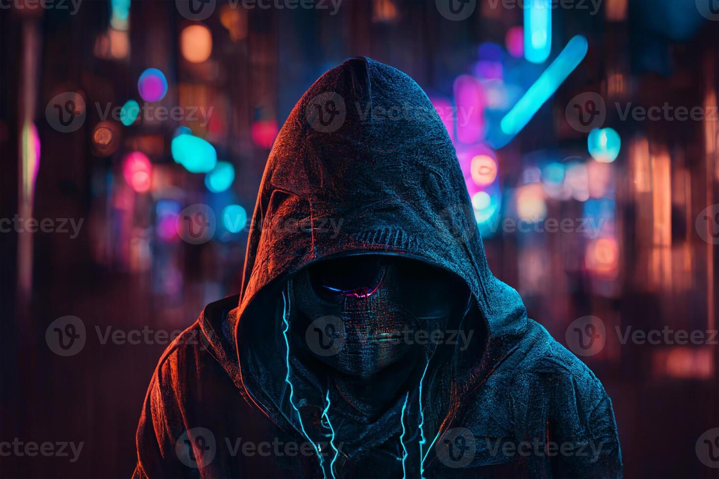 Hooded hacker in a dark with neon lights. 3d rendering photo