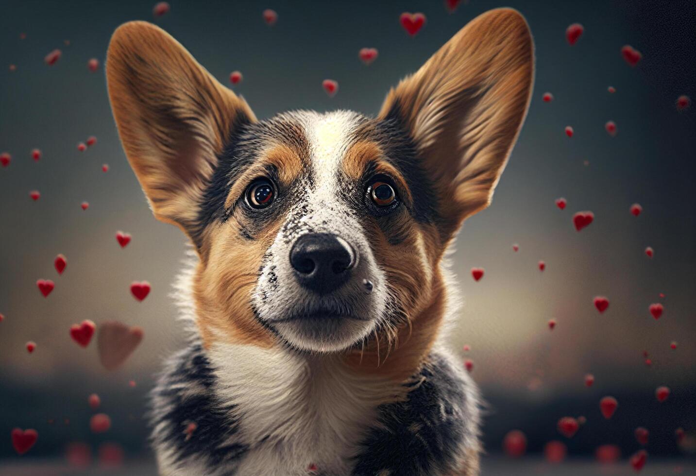 Portrait of a cute dog on a dark background with hearts. photo