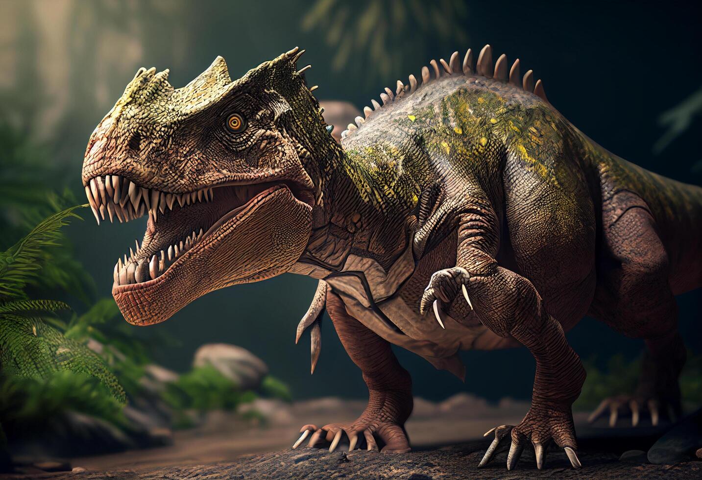 3d rendering of a dinosaur in the forest with leaves and flowers photo