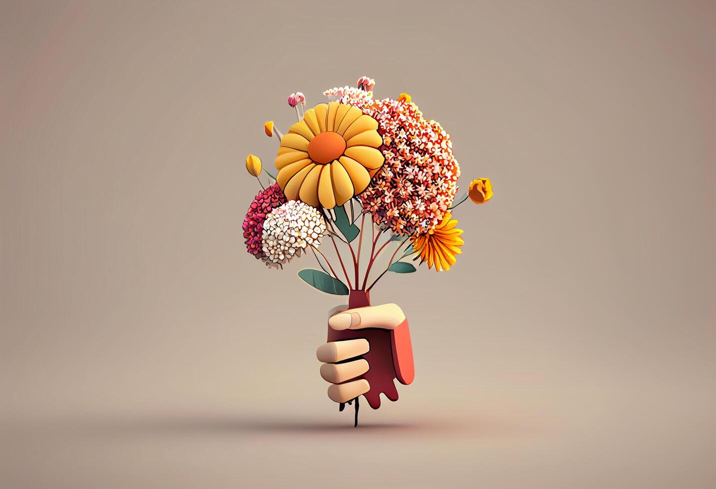Bouquet of flowers in a hand as a gift. 3D rendering photo