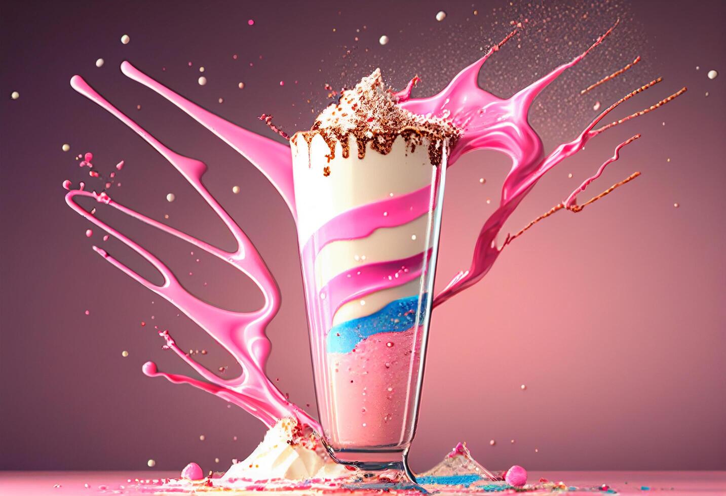 Milkshake with whipped cream and pink splash. 3d rendering photo