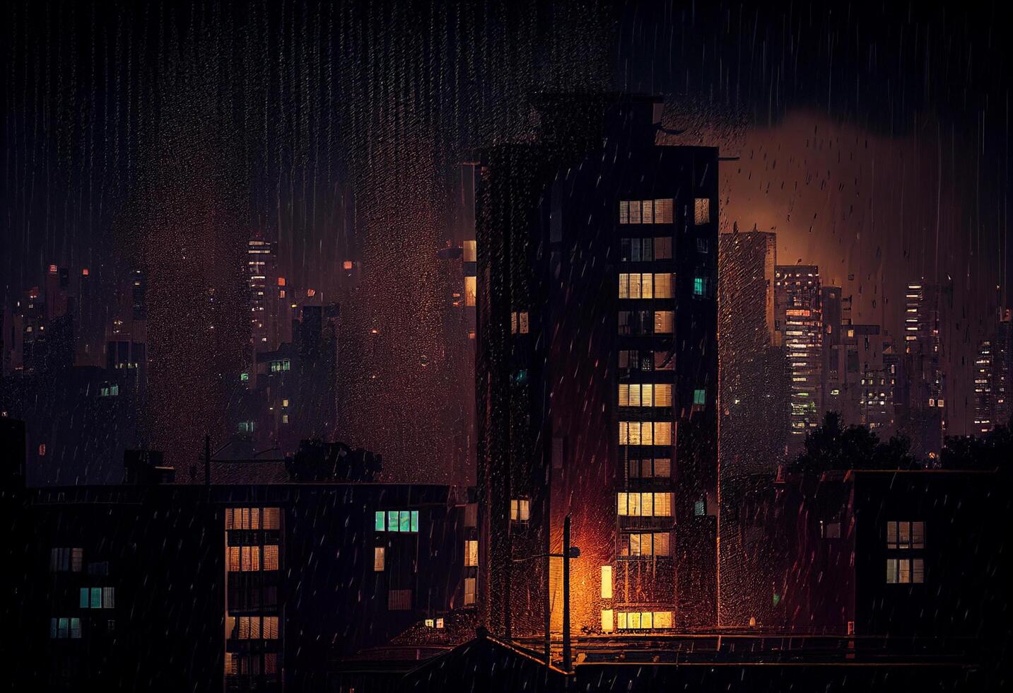 Night cityscape with old building and falling rain. 3d rendering photo