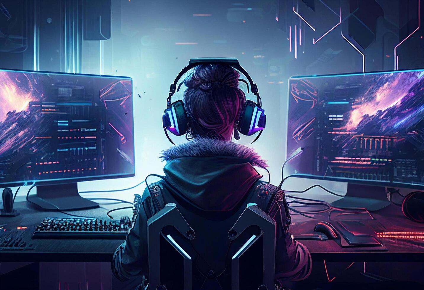 Portrait of a male gamer playing online games on a computer. Cyber sport concept. photo