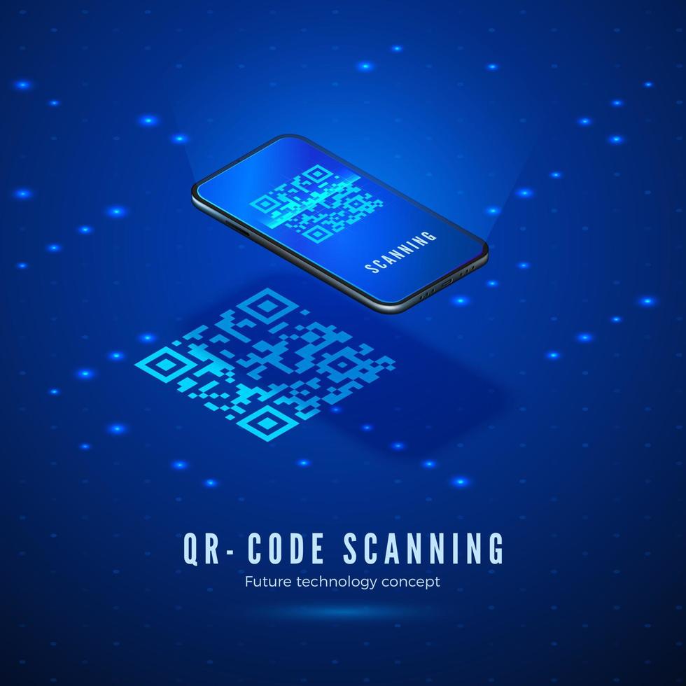 qr código escanear isométrica concepto. móvil teléfono con exploración digital código de barras en pantalla. tecnología antecedentes en azul colores. vector