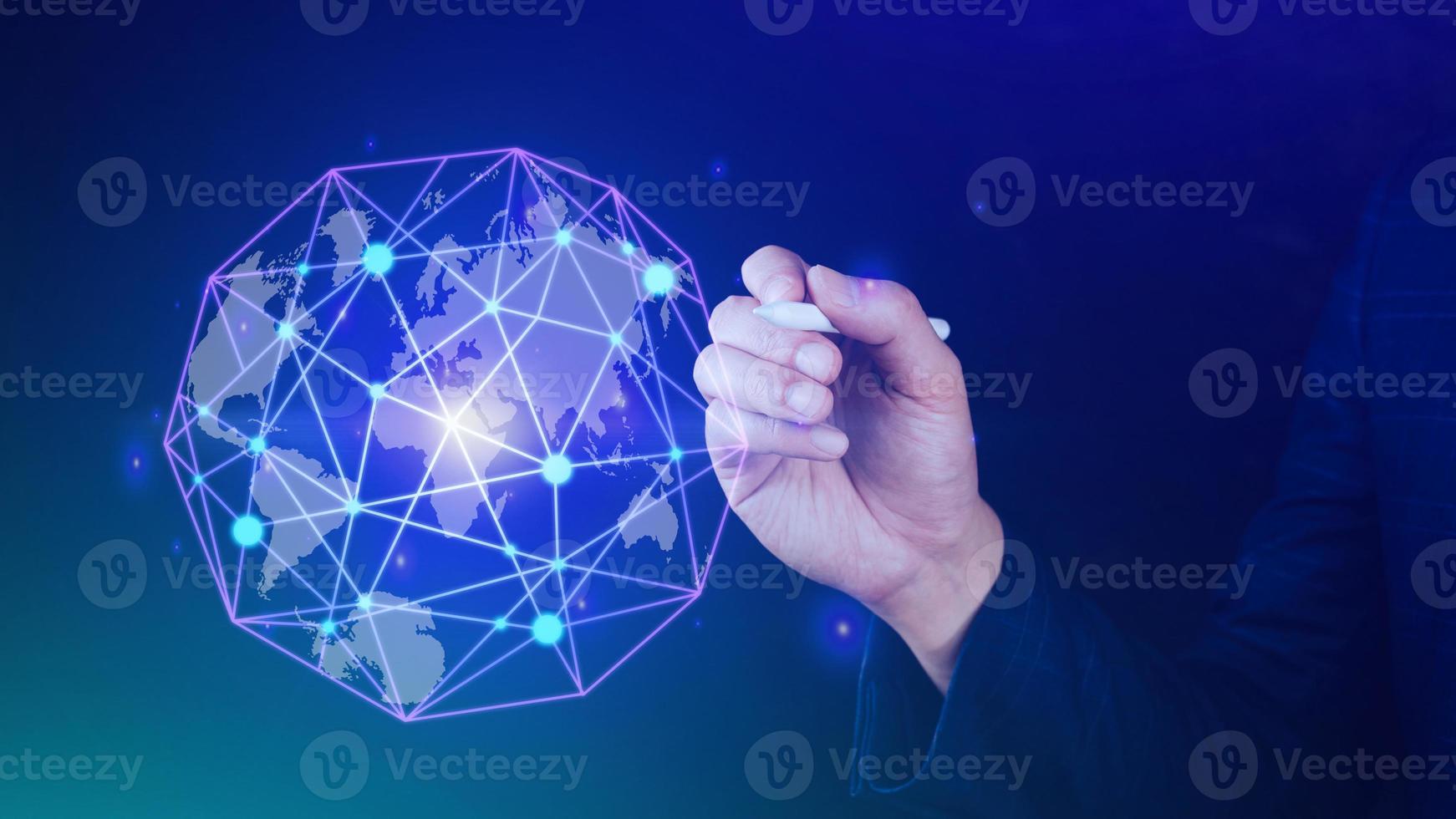 Businessman hands touching with virtual global connection concept, grow earth and global online networking connection with data exchanges, global communication network security concept. photo