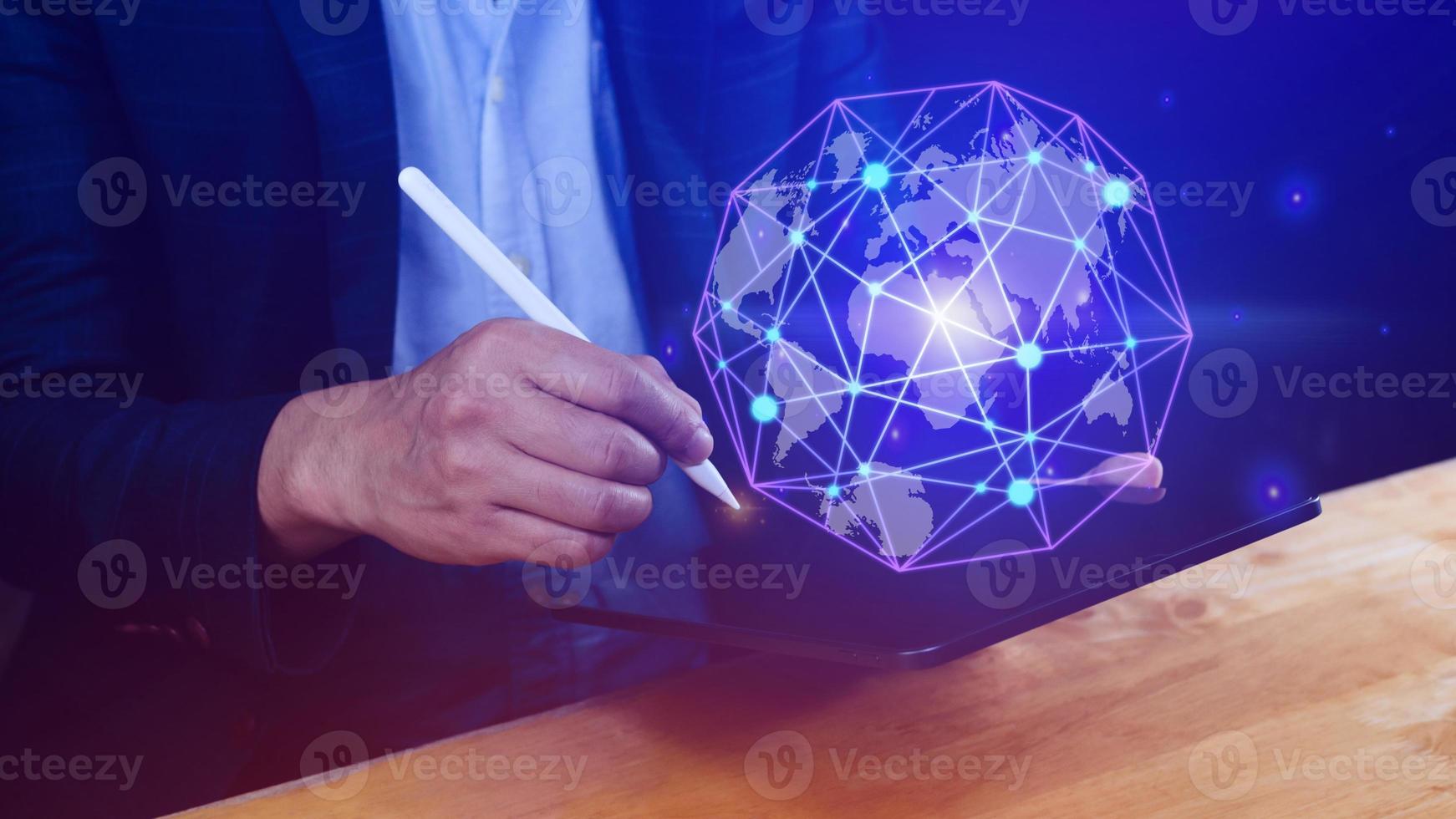 Businessman hands touching with virtual global connection concept, grow earth and global online networking connection with data exchanges, global communication network security concept. photo