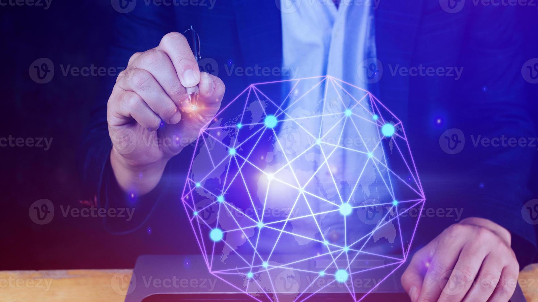 Businessman hands touching with virtual global connection concept, grow earth and global online networking connection with data exchanges, global communication network security concept. photo