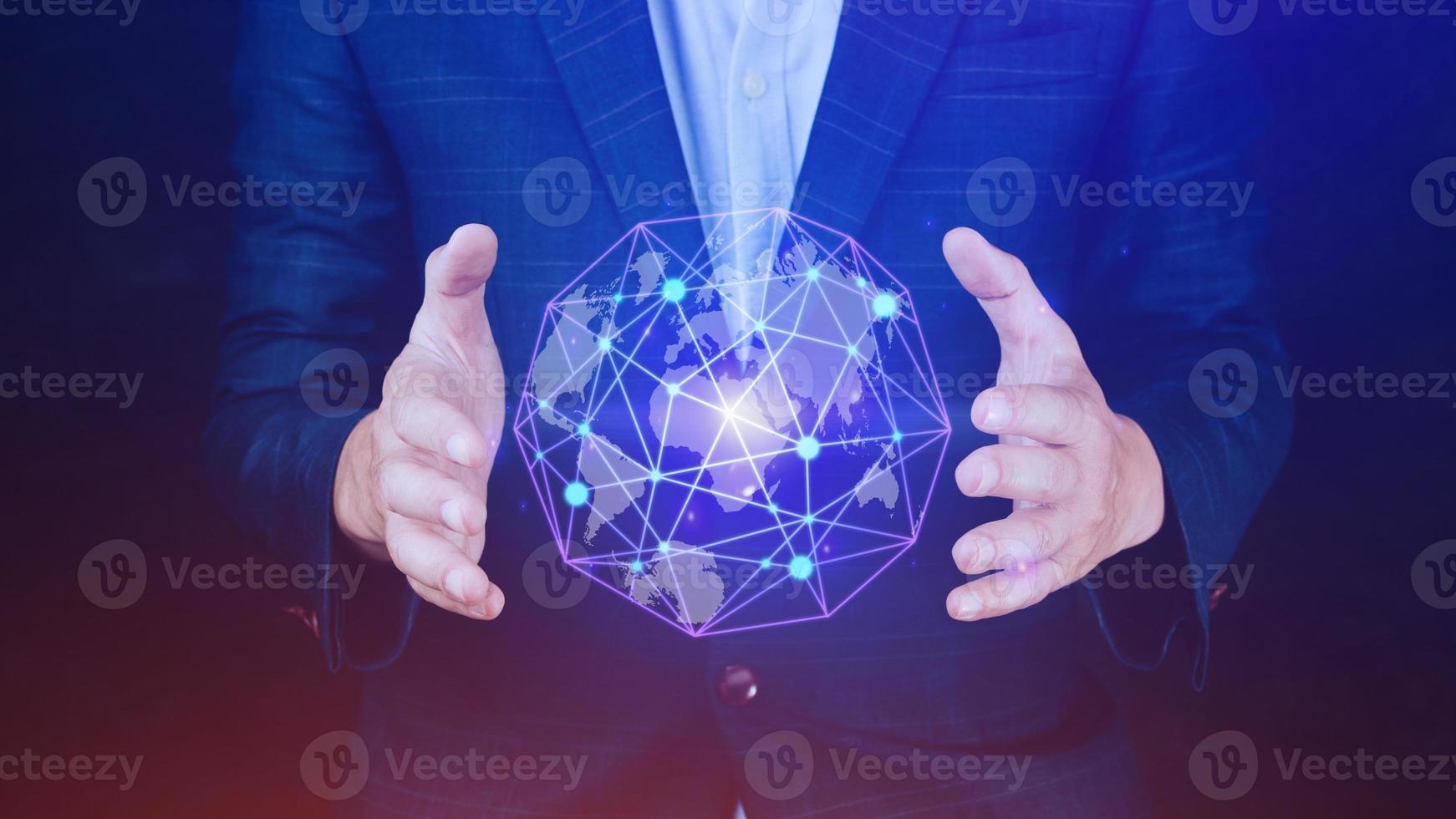 Businessman hands holding with virtual global connection concept, grow earth and global online networking connection with data exchanges, global communication network security concept. photo