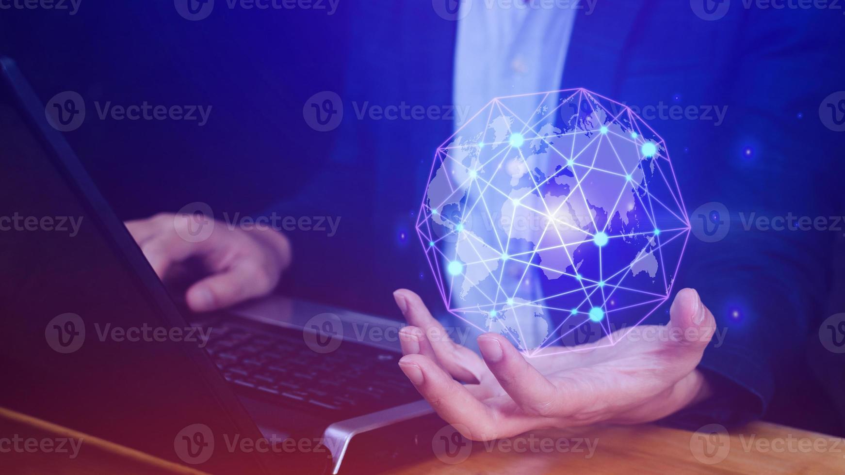 Businessman hands holding with virtual global connection concept, grow earth and global online networking connection with data exchanges, global communication network security concept. photo