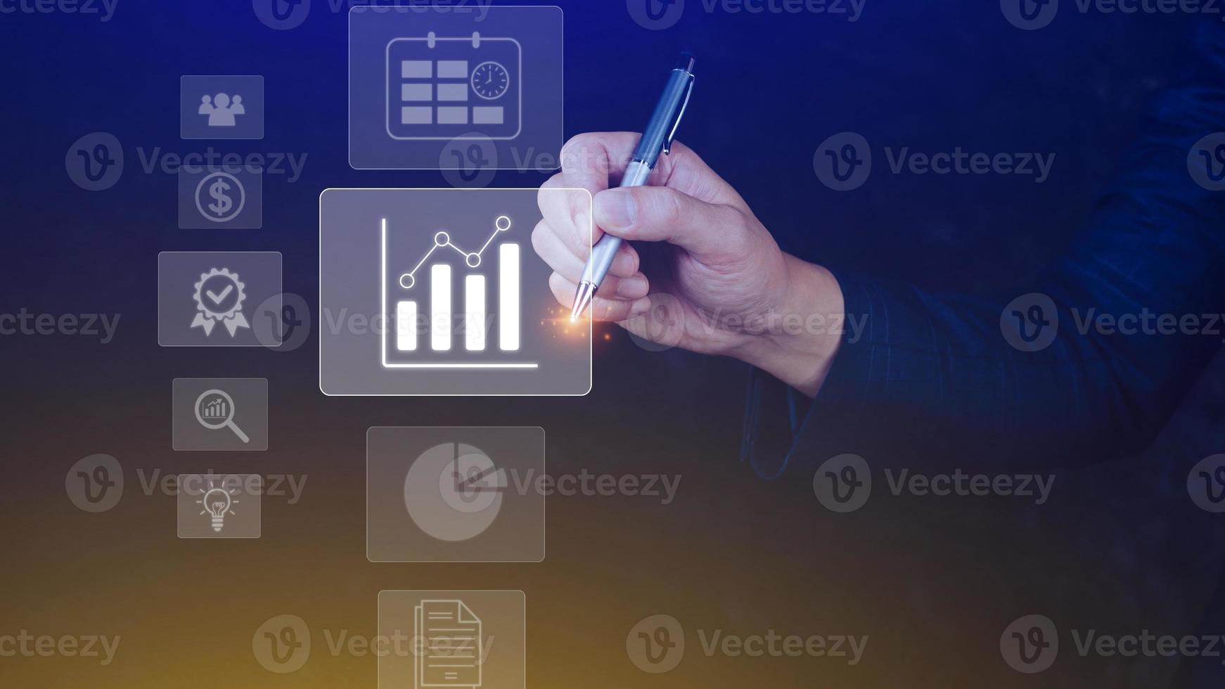 Big data analytics and business intelligence BI concept with chart and graph icons on digital screen interface and business people in the background. photo