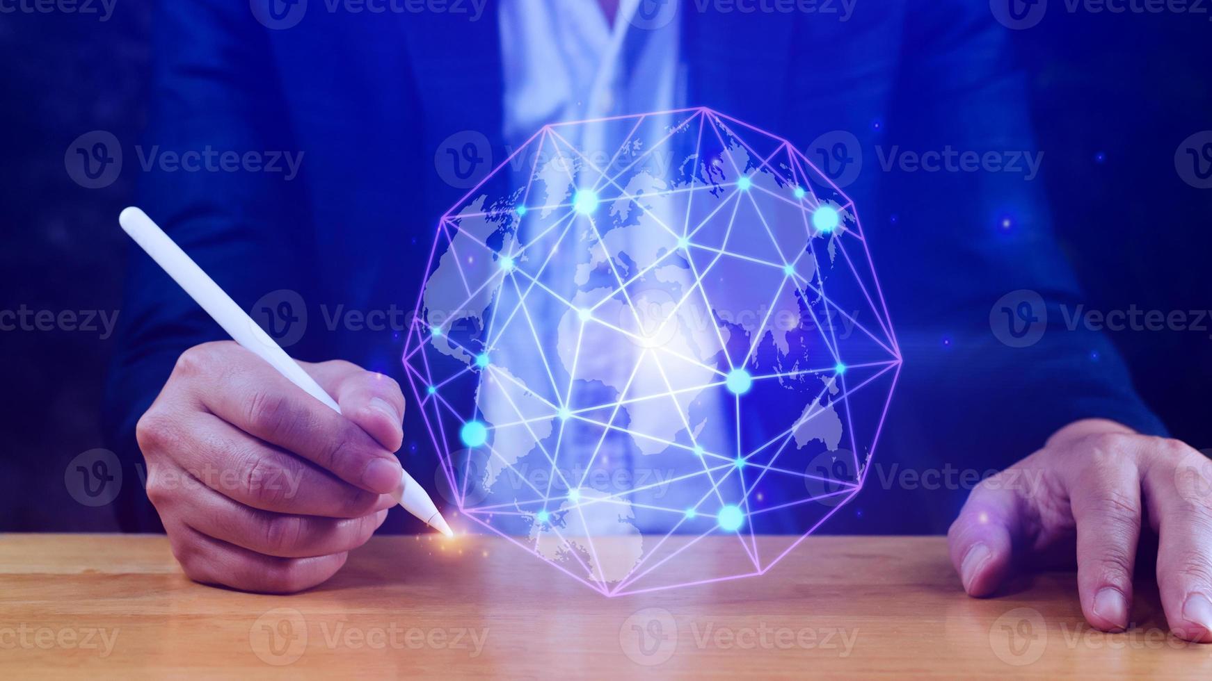 Businessman hands touching with virtual global connection concept, grow earth and global online networking connection with data exchanges, global communication network security concept. photo