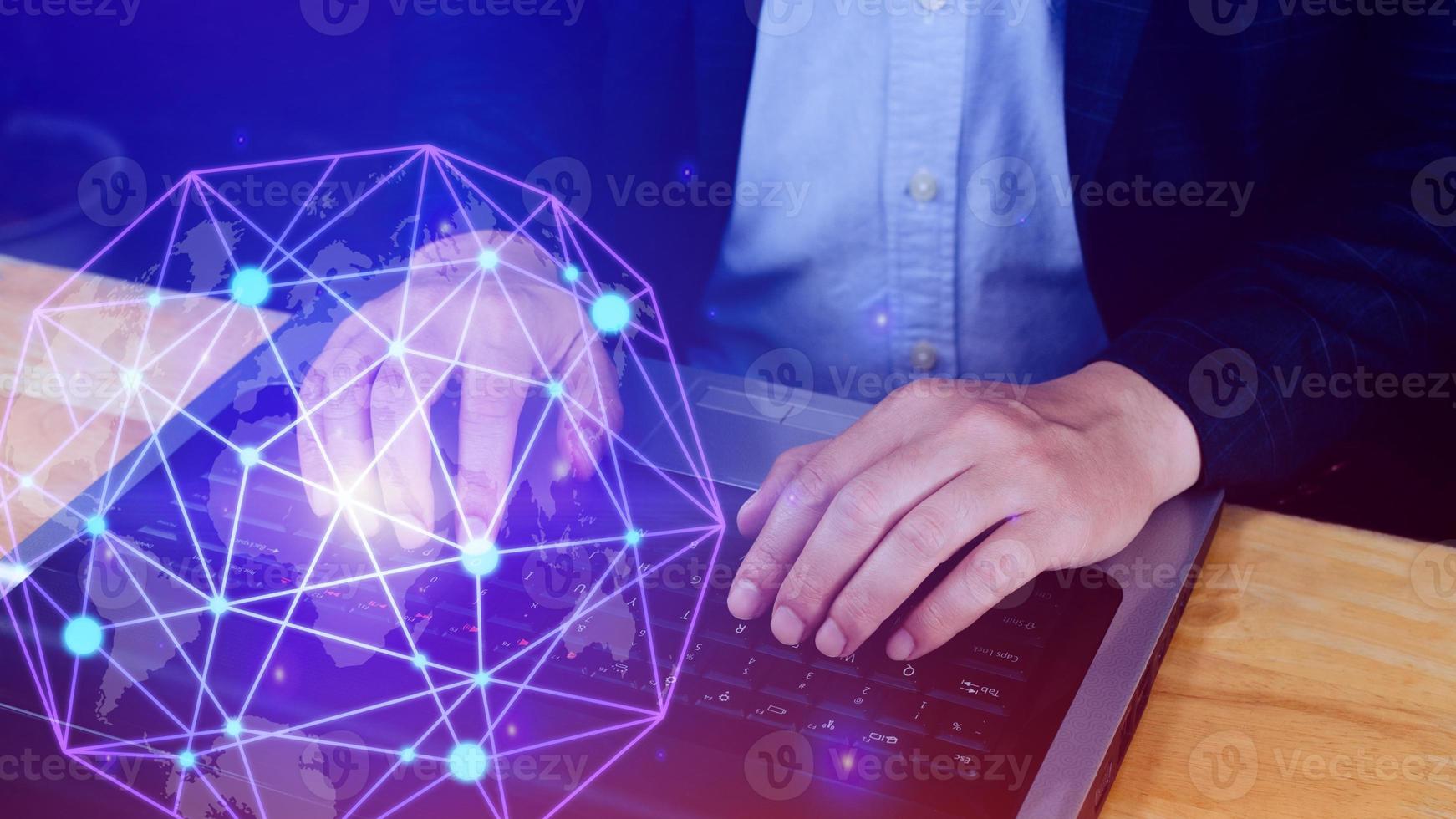Businessman hands touching with virtual global connection concept, grow earth and global online networking connection with data exchanges, global communication network security concept. photo