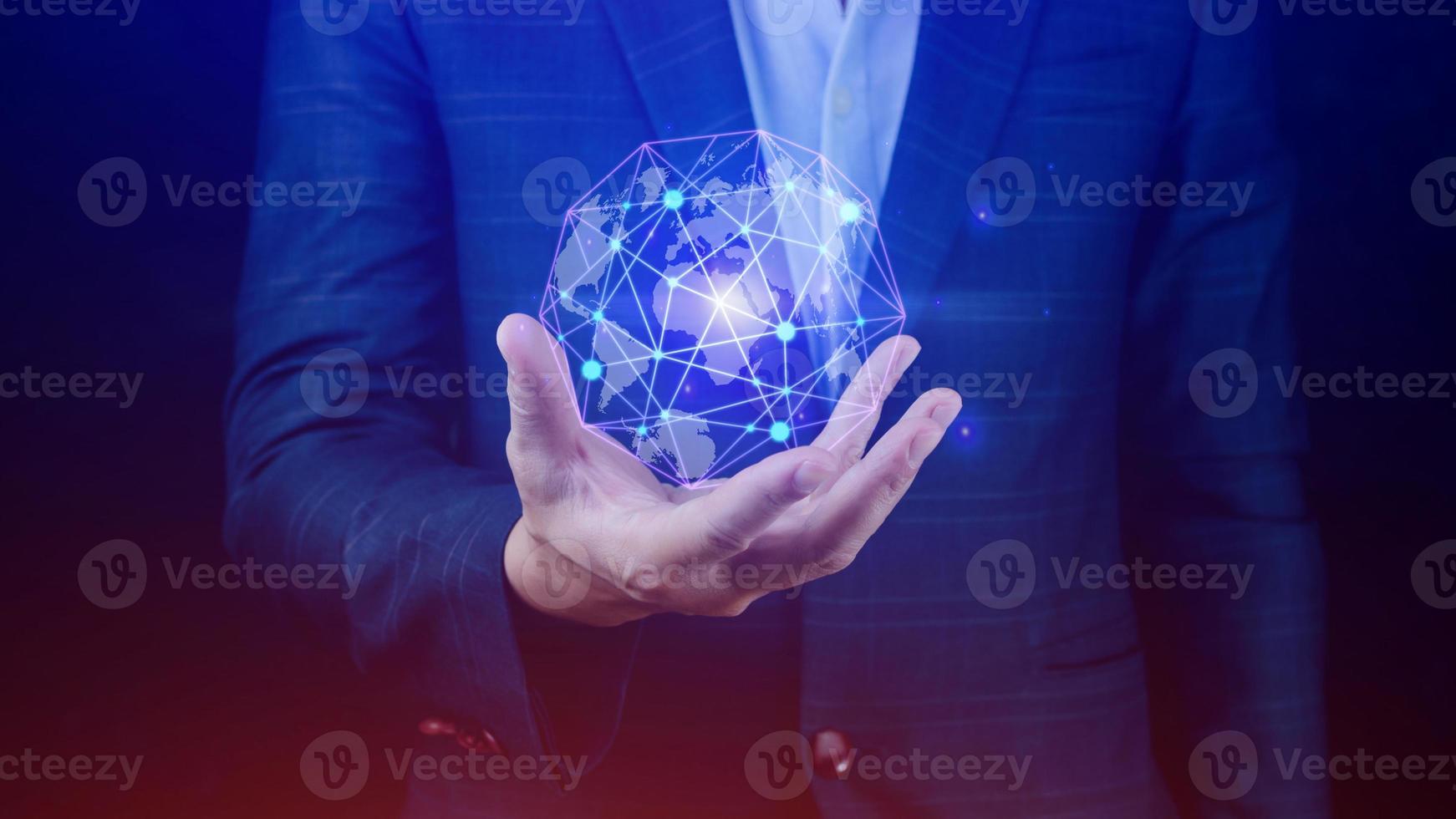 Businessman hands holding with virtual global connection concept, grow earth and global online networking connection with data exchanges, global communication network security concept. photo