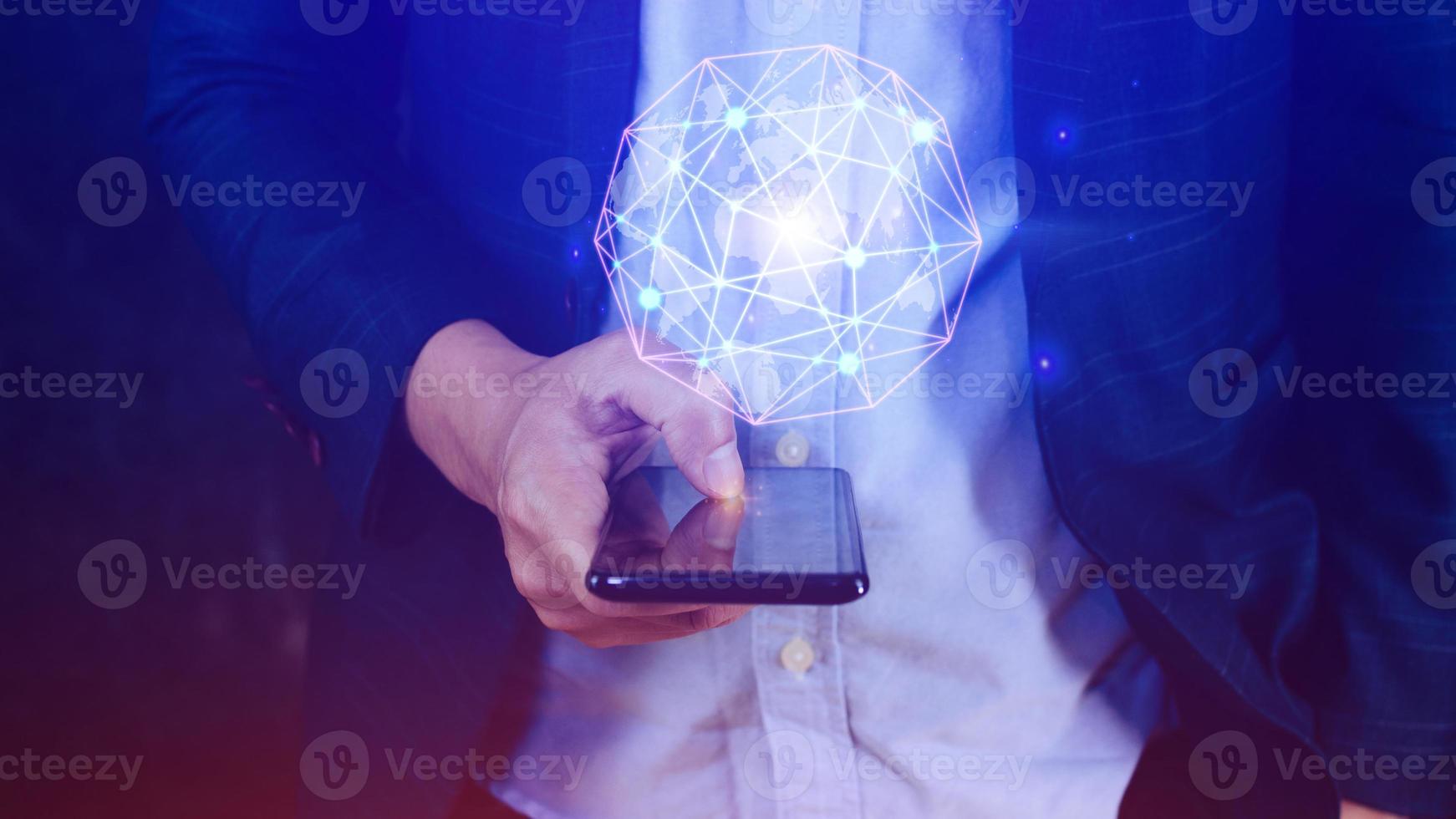 Businessman hands touching with virtual global connection concept, grow earth and global online networking connection with data exchanges, global communication network security concept. photo