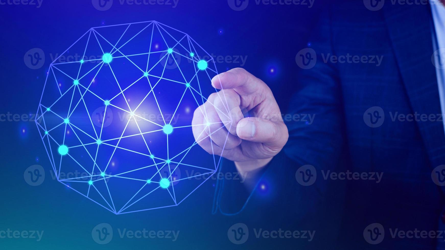 Businessman hands touching with virtual global connection concept, grow earth and global online networking connection with data exchanges, global communication network security concept. photo