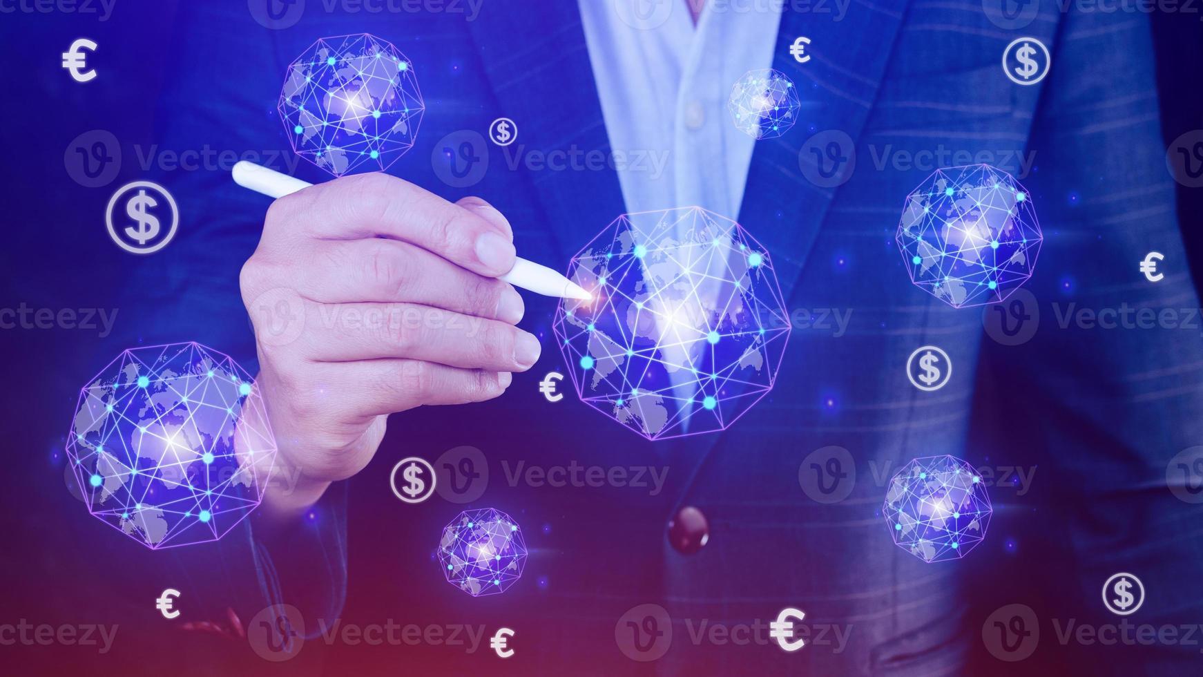 Businessman hands touching with Euro and Dollar sign on global online networking virtual screen, Online banking currencies exchange financial concept. photo