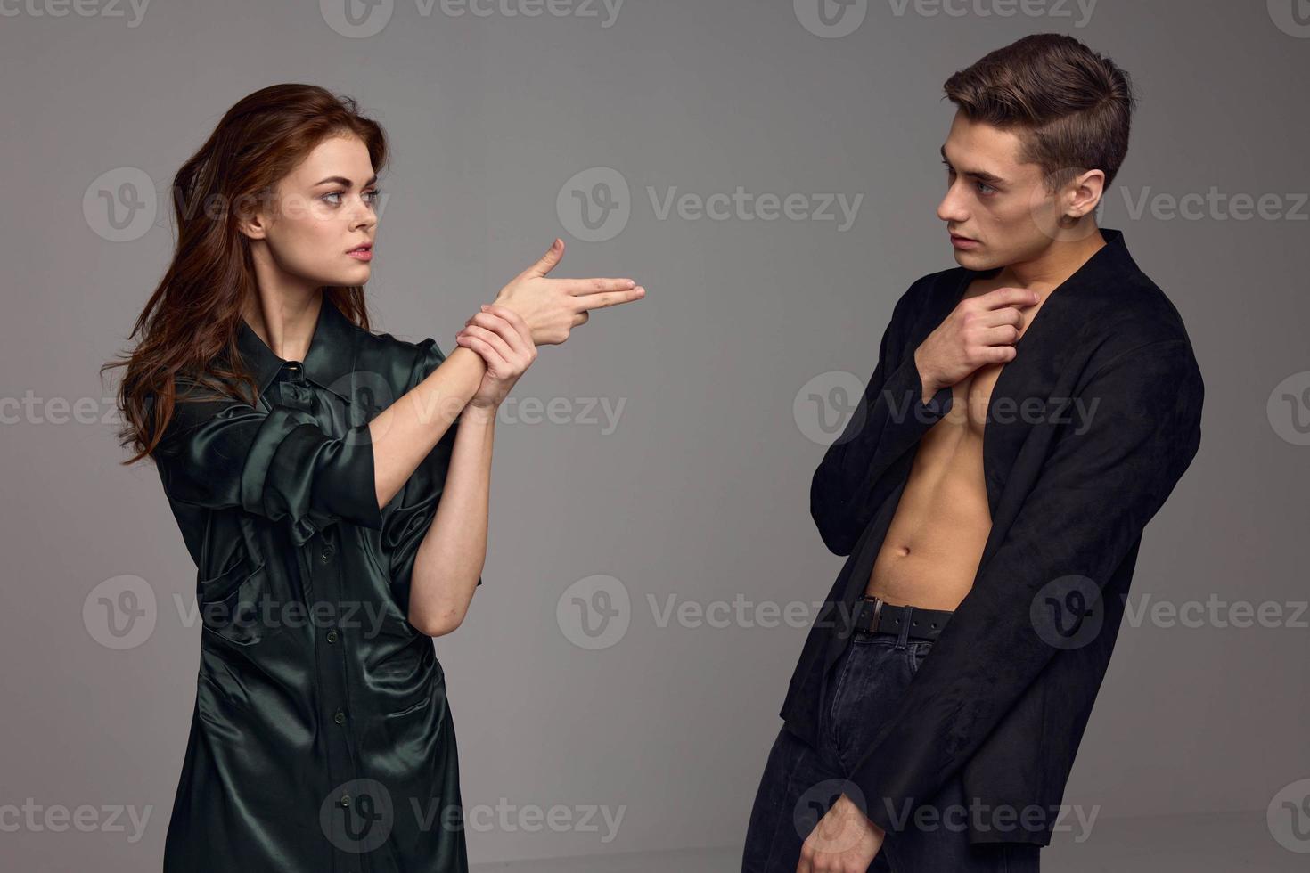 Married couple conflict gray background jacket model photo