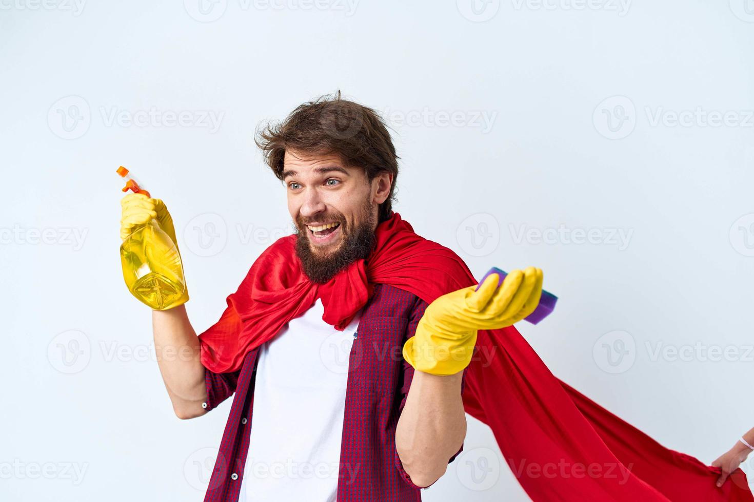 Man Red raincoat professional cleaning detergent homework photo