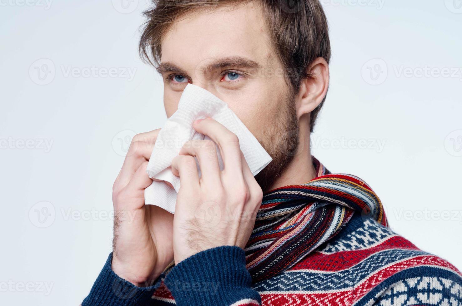 cold man sweater health problems handkerchief flu infection studio photo