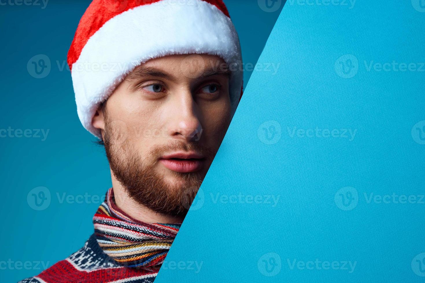 emotional man in a christmas blue mockup Poster isolated background photo