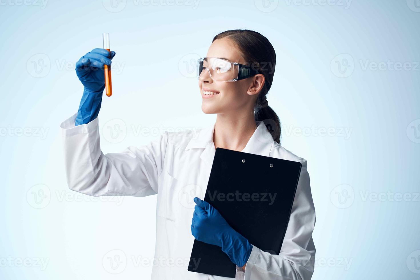 female laboratory assistant biotechnology chemical solution professionals photo