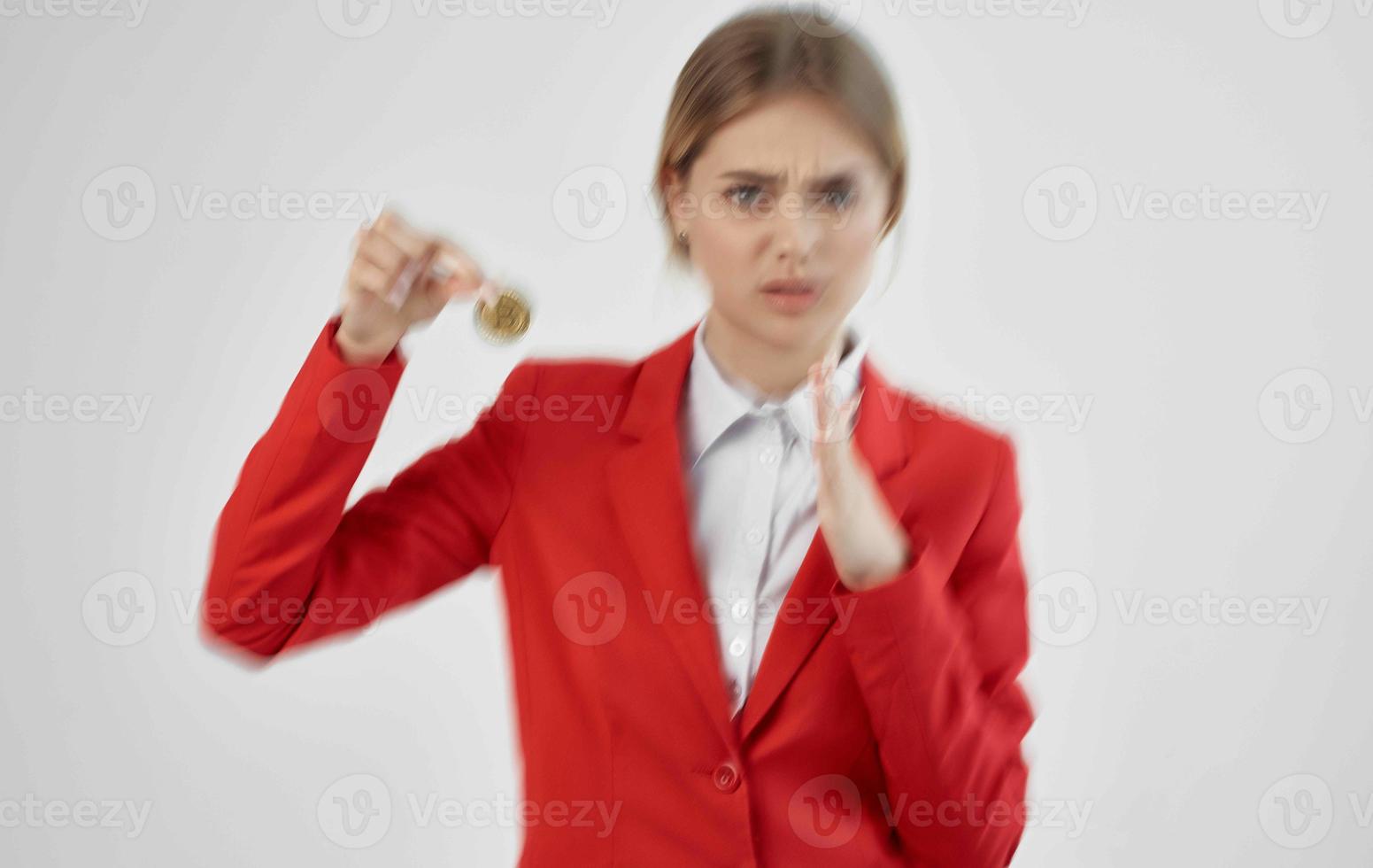 Businesswoman Red jacket virtual money economy isolated background photo