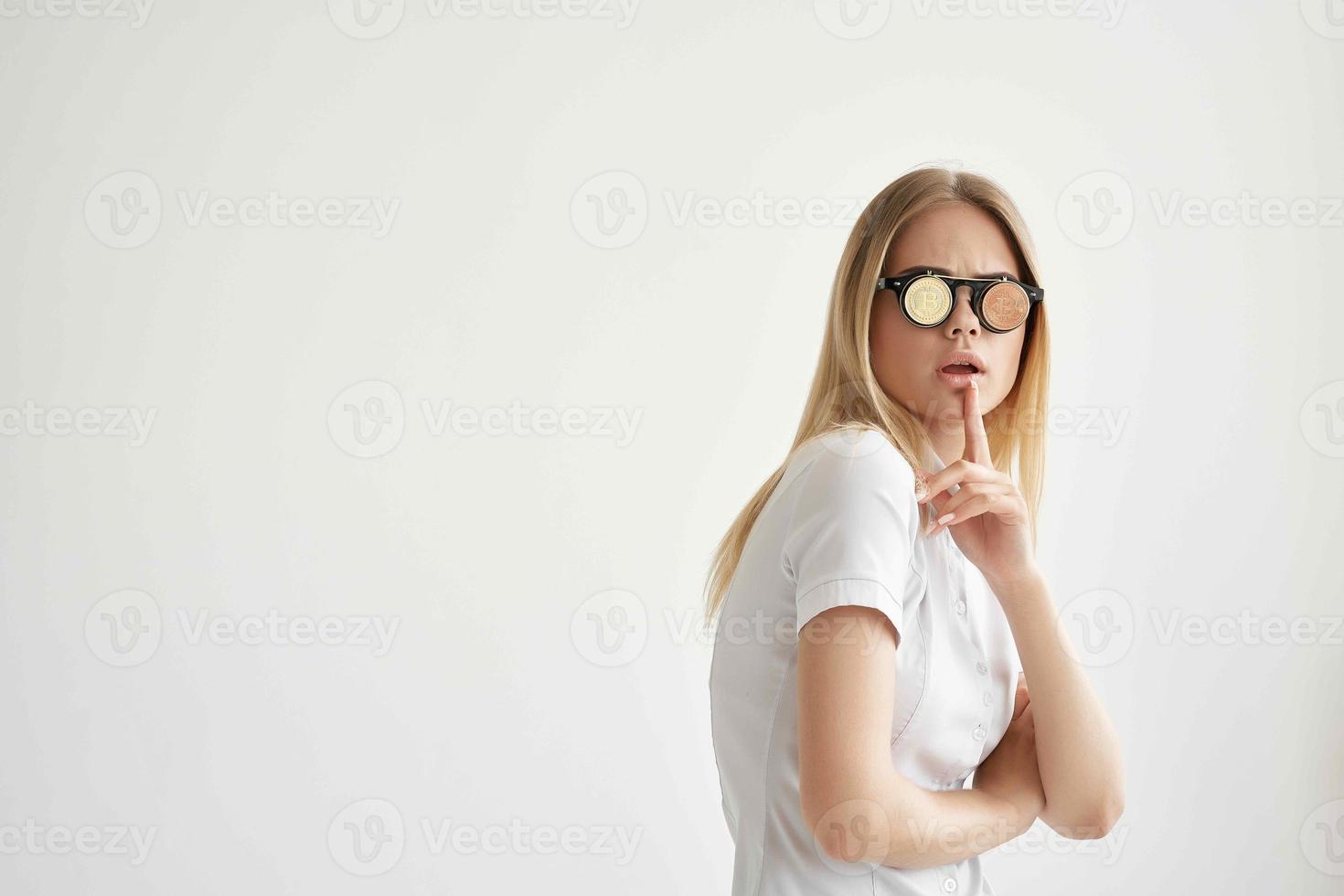 cheerful woman Bitcoin glasses mining technologies photo