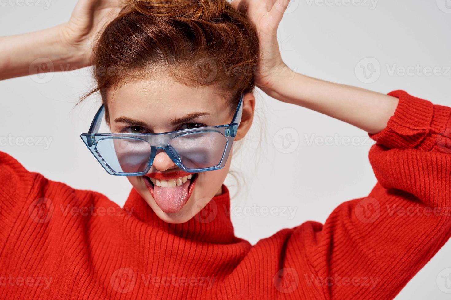 woman Red lips attractive look light background photo