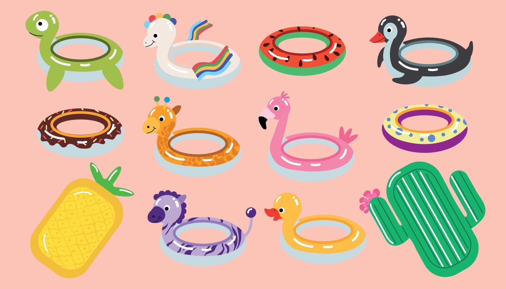 Collection of mattresses for swimming. Set of vector bright air mattresses isolated from each other. Donut, duck, flamingo, circle, pineapple, etc