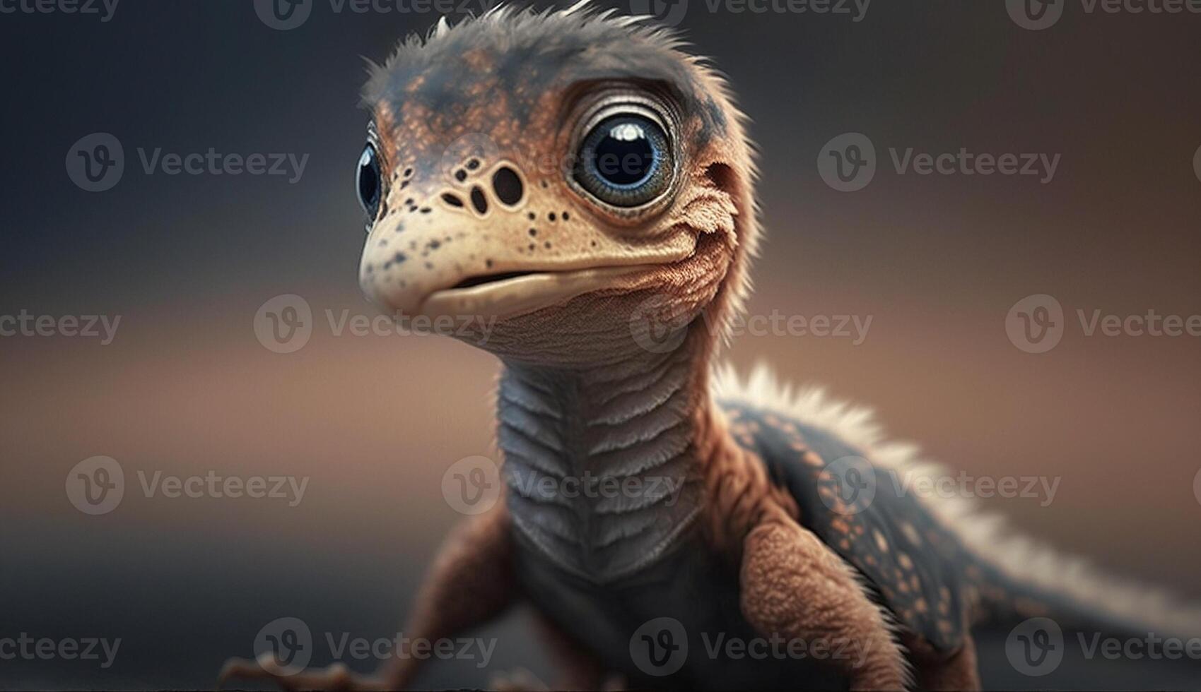 , baby of velociraptor, ancient carnivore dinosaur, extinct animal. Cute small animal. photo