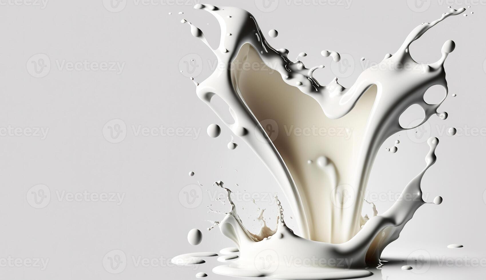 , Flowing liquid with splashes in white color. Glossy cream milk fluid banner, 3D effect, modern macro photorealistic abstract background illustration. photo
